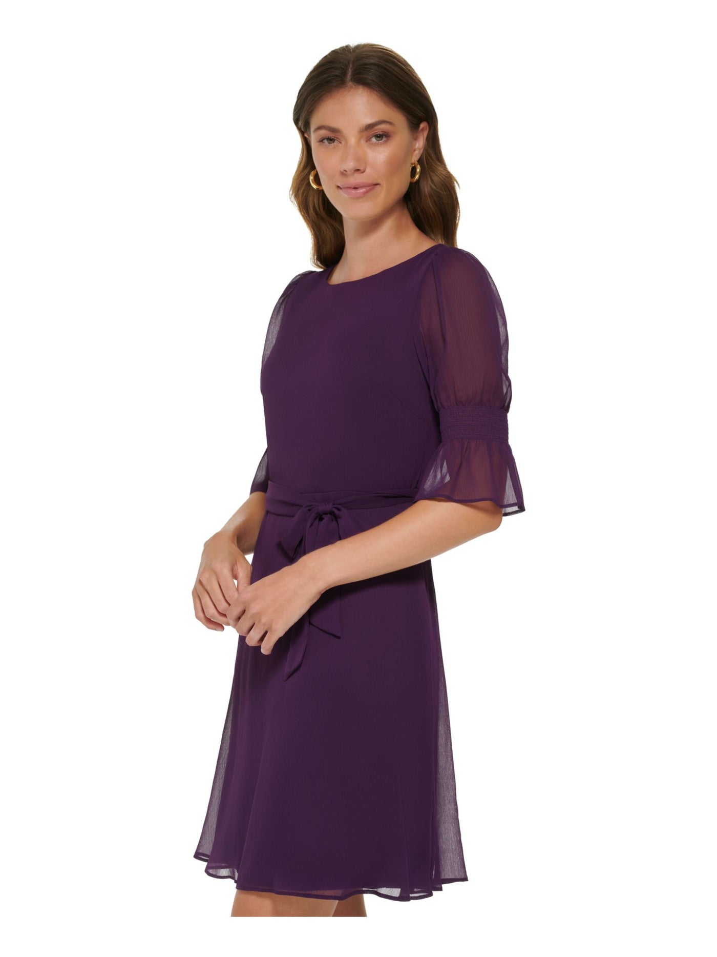 DKNY Womens Purple Zippered Lined Ruffled Cuffs Self-tie Belt Pouf Sleeve Round Neck Above The Knee Wear To Work Fit + Flare Dress 16