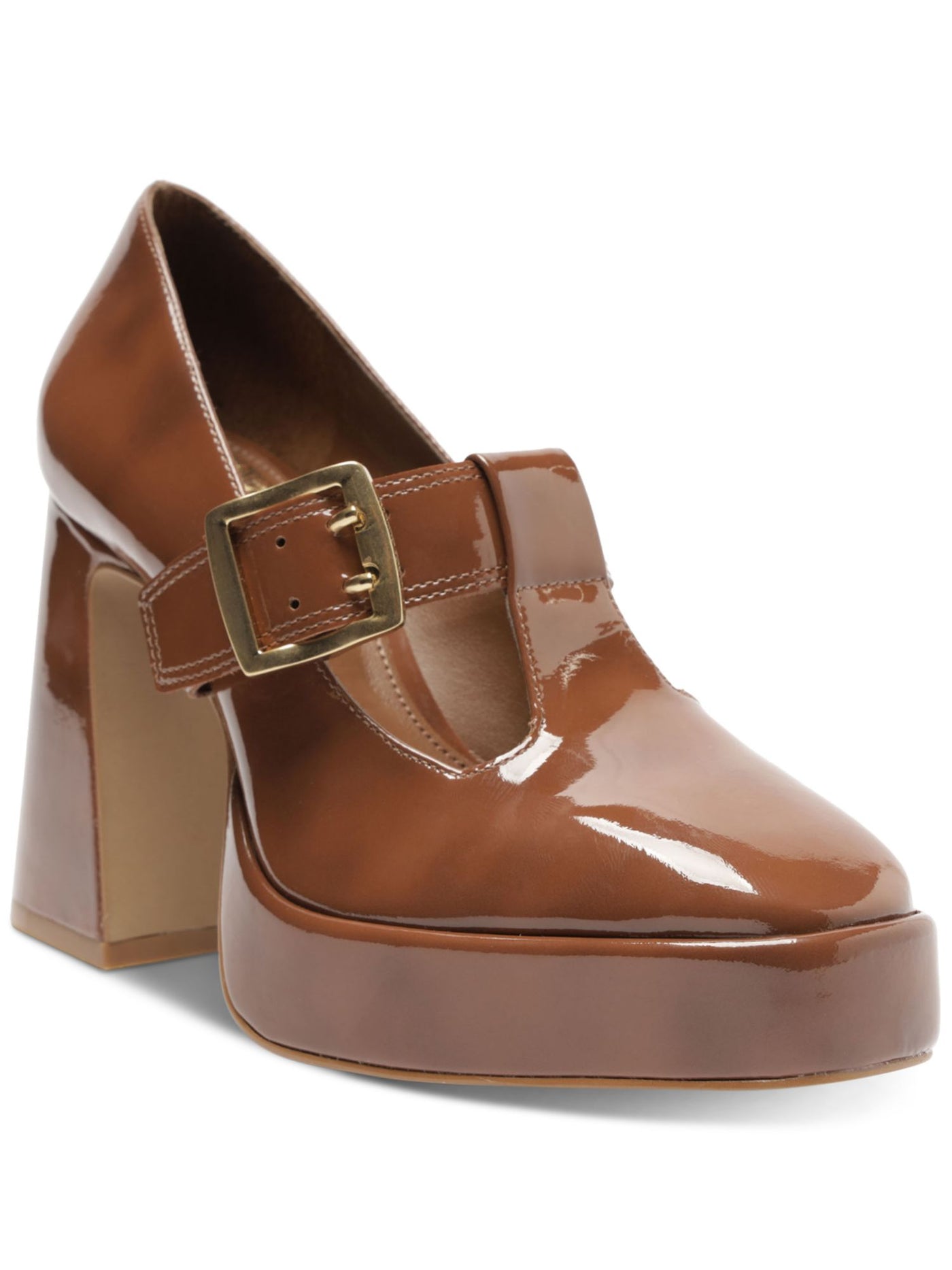 VINCE CAMUTO Womens Brown 1" Platform Cut Out Padded Marocean Almond Toe Flare Buckle Leather Dress Mary Jane 10 M