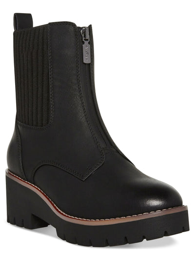 AQUA COLLEGE Womens Black 1" Platform Cushioned Ribbed Stretch Panels Waterproof Lug Sole Dream Round Toe Zip-Up Booties 6.5 M