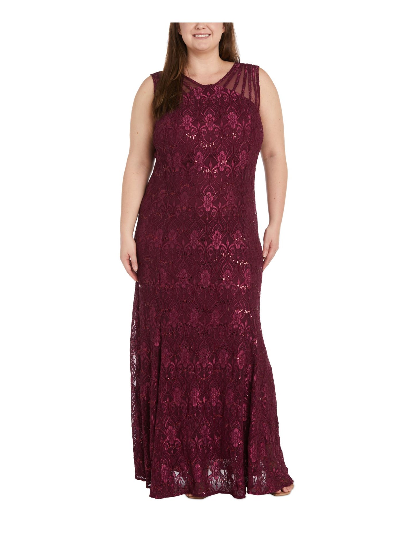 R&M RICHARDS WOMAN Womens Burgundy Sequined Lace Zippered Lined Padded Sleeveless Scoop Neck Full-Length Evening Gown Dress Plus 18W