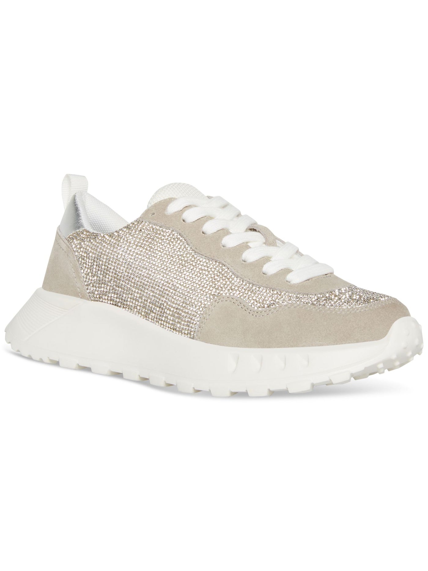 AQUA COLLEGE Womens Silver Mixed Media Rhinestone Heel Pull-Tab Waterproof Slip Resistant Cushioned Luster Round Toe Wedge Lace-Up Sneakers Shoes 8.5 M