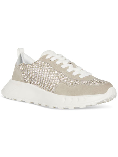 AQUA COLLEGE Womens Gray Mixed Media Rhinestone Heel Pull-Tab Waterproof Slip Resistant Cushioned Luster Round Toe Wedge Lace-Up Sneakers Shoes 6 M