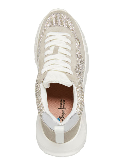 AQUA COLLEGE Womens Silver Mixed Media Rhinestone Heel Pull-Tab Waterproof Slip Resistant Cushioned Luster Round Toe Wedge Lace-Up Sneakers Shoes 8.5 M