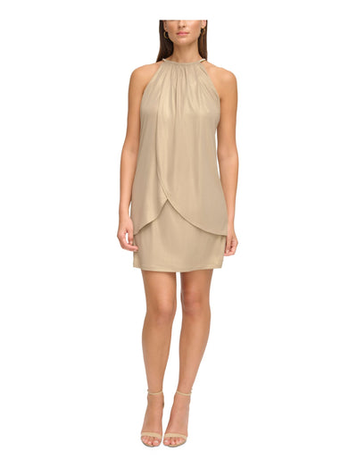 KENSIE DRESSES Womens Gold Ruched Lined Drape Front Sleeveless Halter Short Party Sheath Dress 4