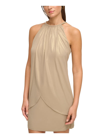 KENSIE DRESSES Womens Gold Ruched Lined Drape Front Sleeveless Halter Short Party Sheath Dress 6