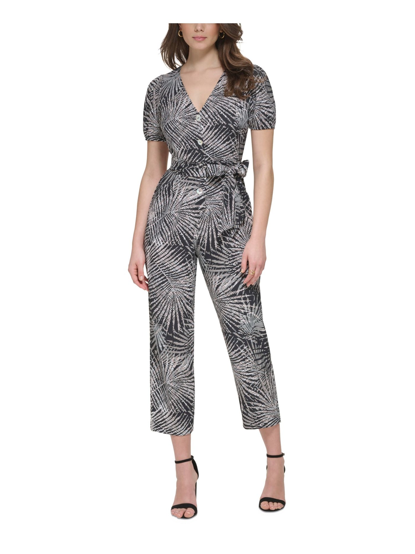 KENSIE DRESSES Womens Black Tie Printed Short Sleeve V Neck Button Up Cropped Jumpsuit 10