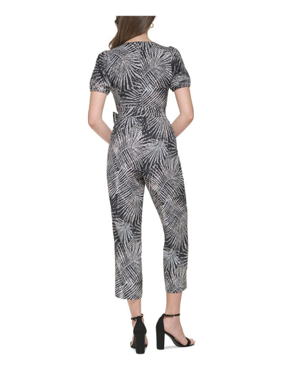 KENSIE Womens Black Tie Printed Short Sleeve V Neck Button Up Cropped Jumpsuit 14