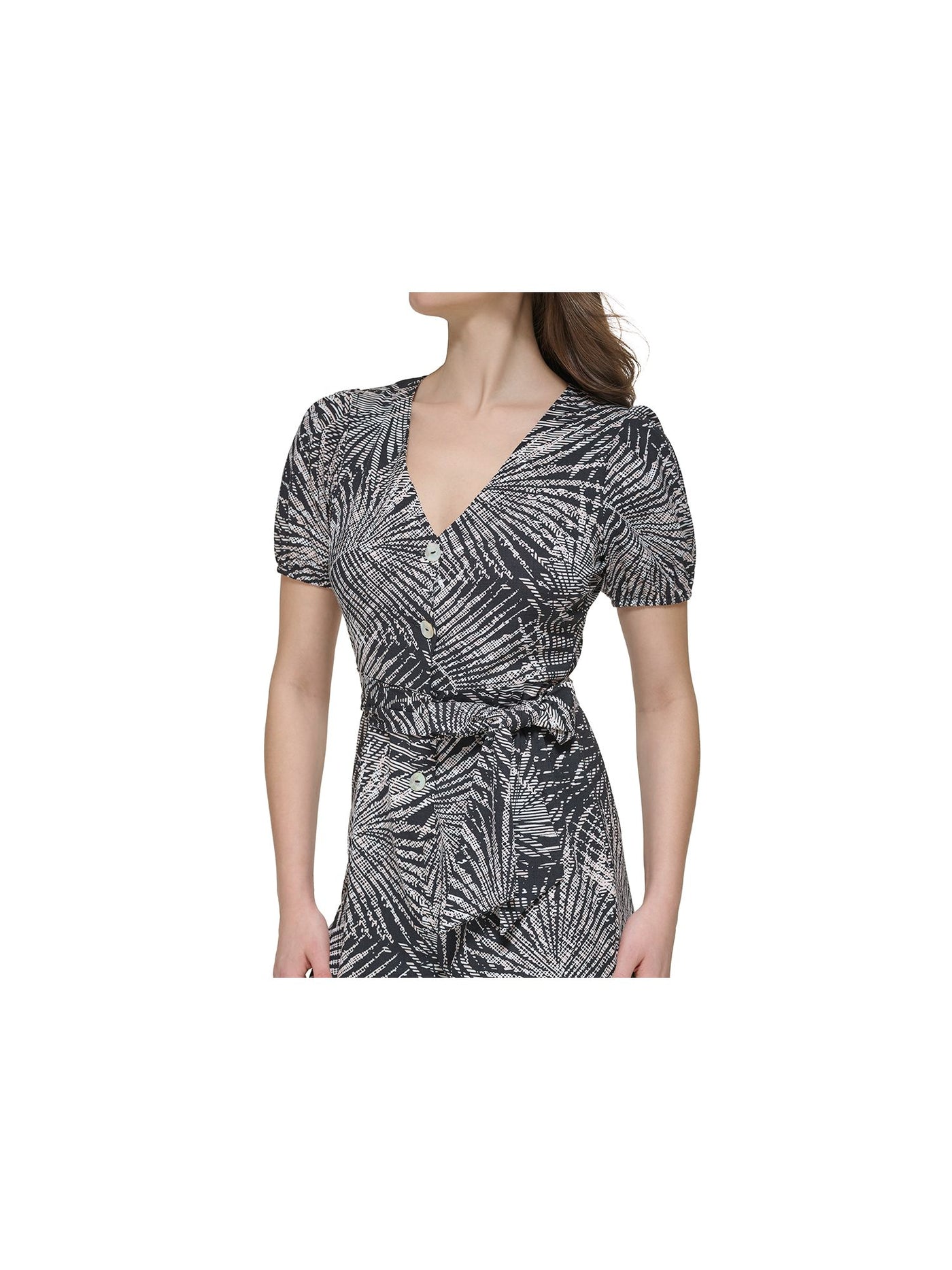 KENSIE Womens Black Tie Printed Short Sleeve V Neck Button Up Cropped Jumpsuit 14