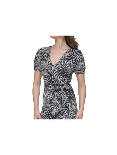 KENSIE Womens Black Tie Printed Short Sleeve V Neck Button Up Cropped Jumpsuit 14