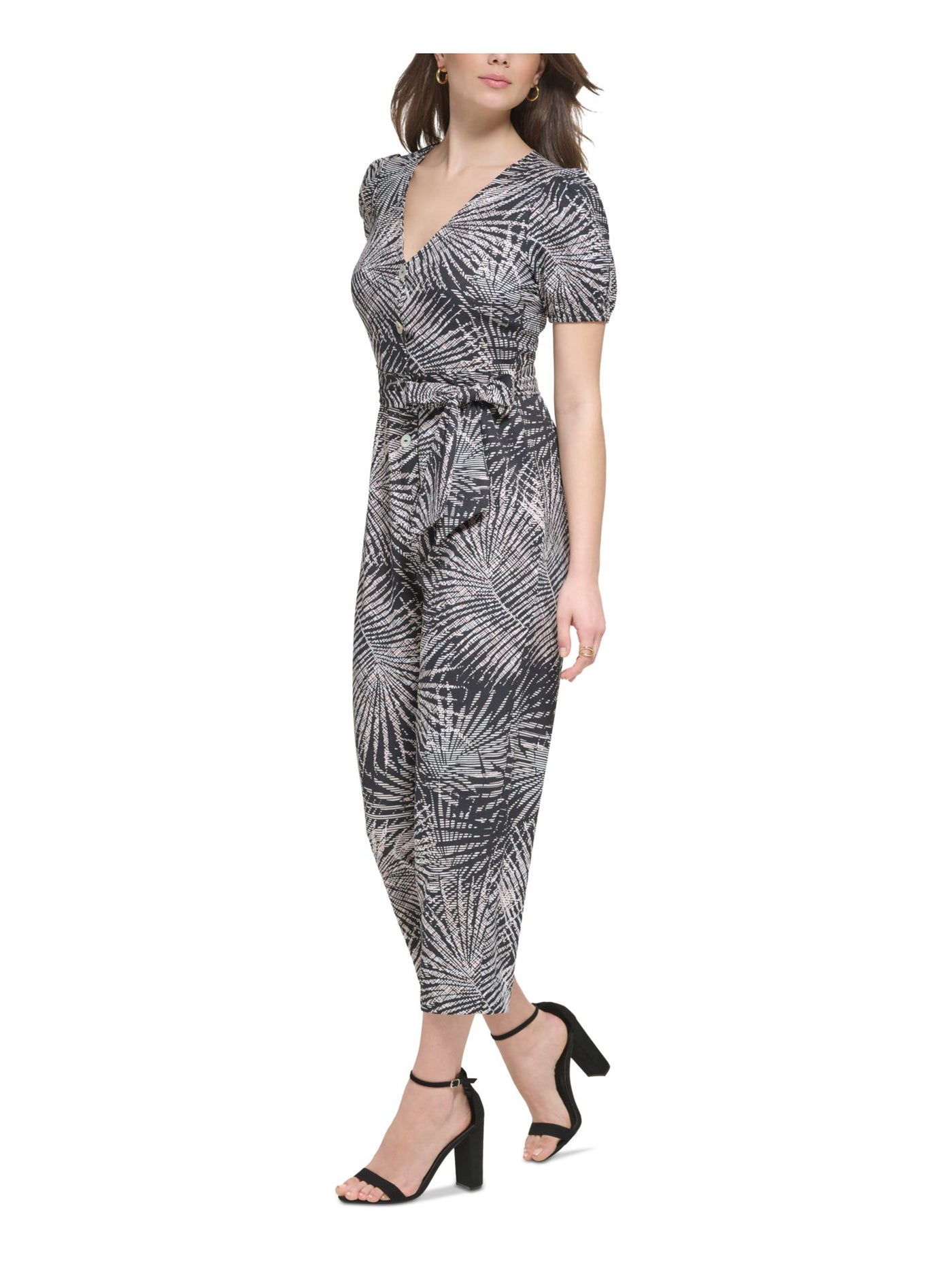 KENSIE DRESSES Womens Black Tie Printed Short Sleeve V Neck Button Up Cropped Jumpsuit 10