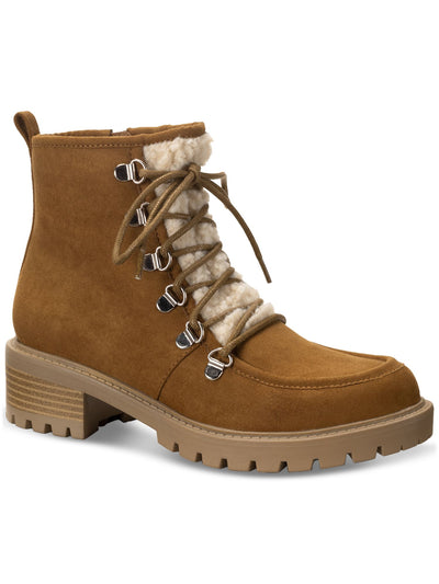 SUN STONE Womens Brown Lace Up Apron Toe Cushioned Faux Shearling Trim Lug Sole Treaded Quiinn Round Toe Zip-Up Winter Boots 7.5 M