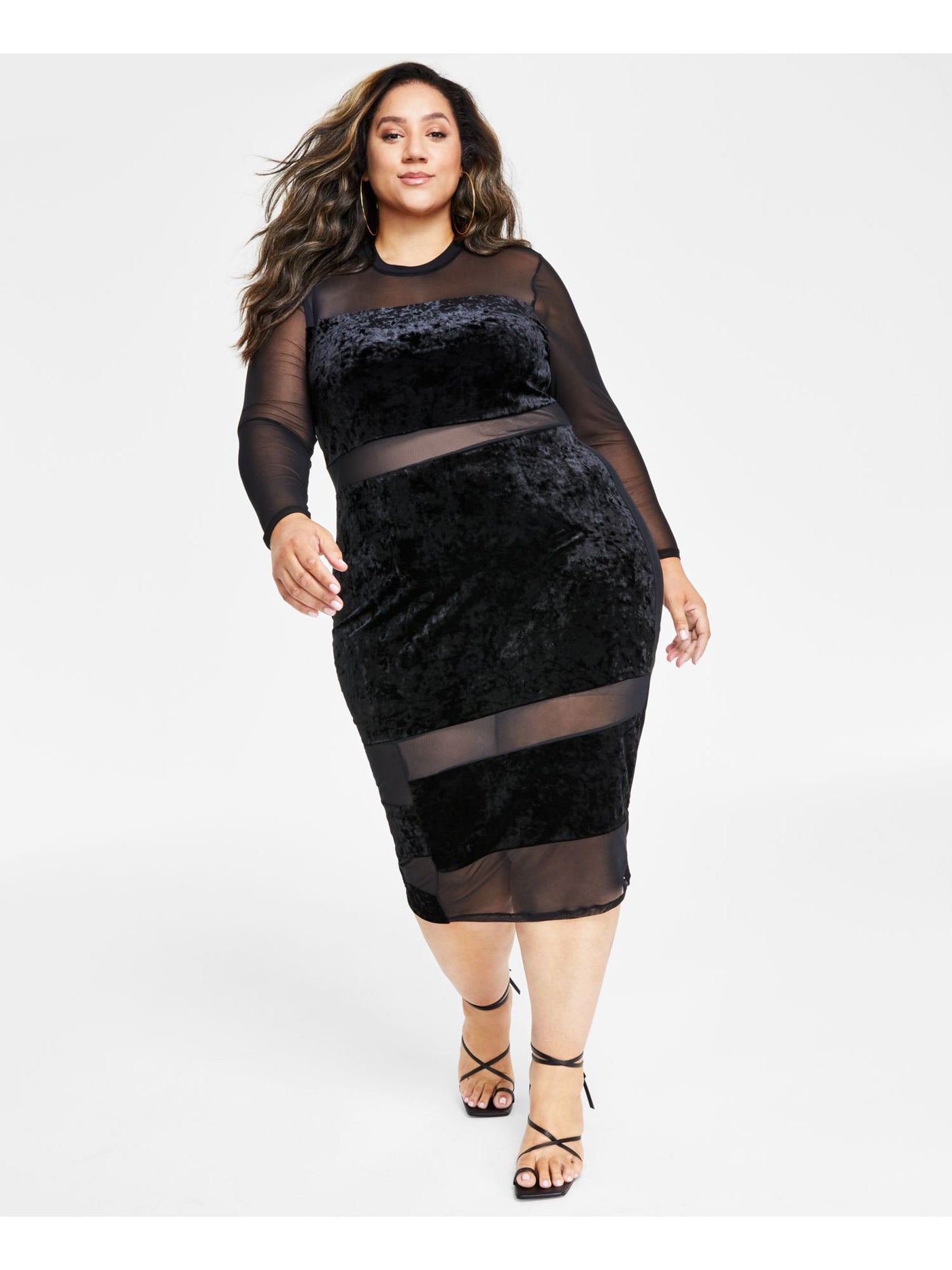 NINA PARKER Womens Black Long Sleeve Illusion Neckline Below The Knee Cocktail Sheath Dress 2X