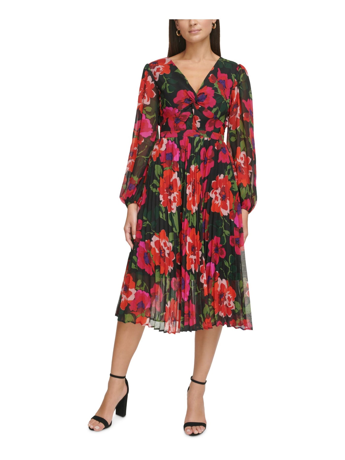 KENSIE DRESSES Womens Black Lined Ruched Twist Pleated Pull-on Floral Blouson Sleeve V Neck Midi Party Fit + Flare Dress 8