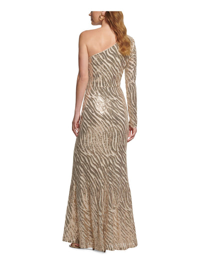 VINCE CAMUTO Womens Beige Sequined Zippered Single Sleeve Lined Long Sleeve Asymmetrical Neckline Full-Length Evening Gown Dress Petites 8P