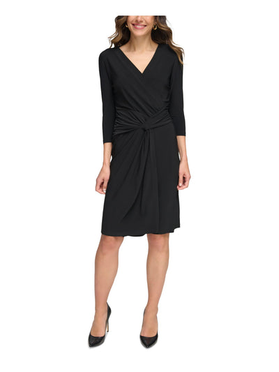 TOMMY HILFIGER Womens Black Twist Front Pullover 3/4 Sleeve Surplice Neckline Knee Length Wear To Work Faux Wrap Dress 2