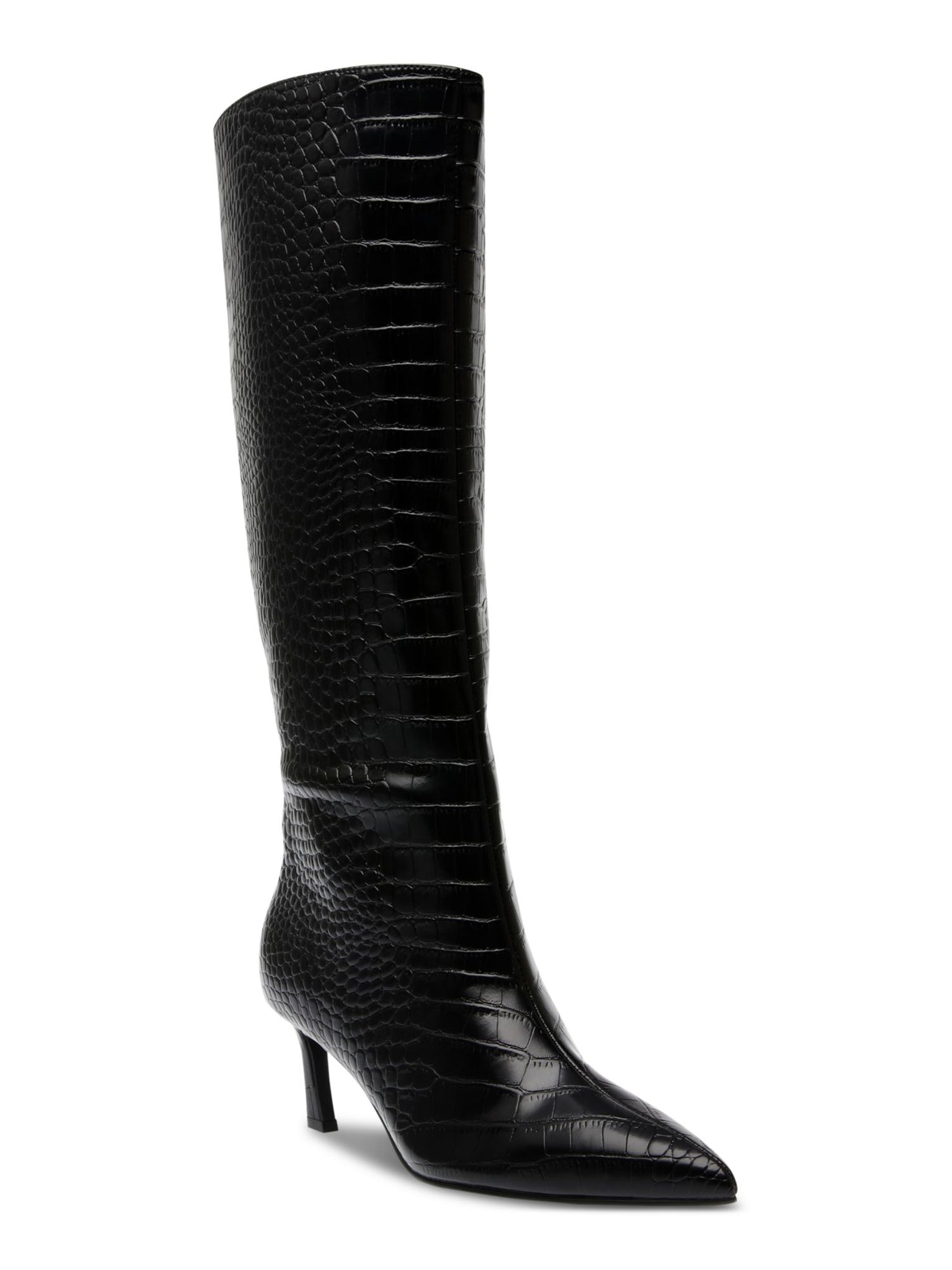STEVE MADDEN Womens Black Croc Embossed Padded Lavan Pointed Toe Kitten Heel Leather Dress Boots 6 M
