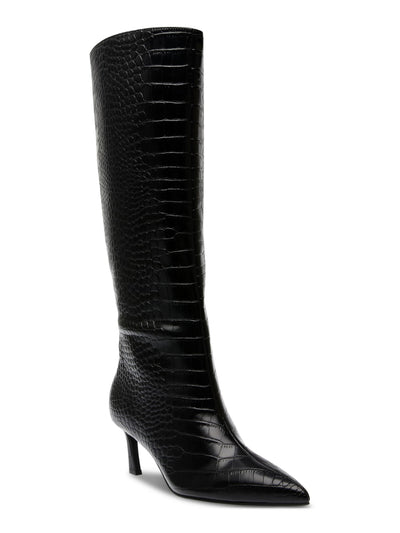 STEVE MADDEN Womens Black Croc Embossed Padded Lavan Pointed Toe Kitten Heel Leather Dress Boots 6 M