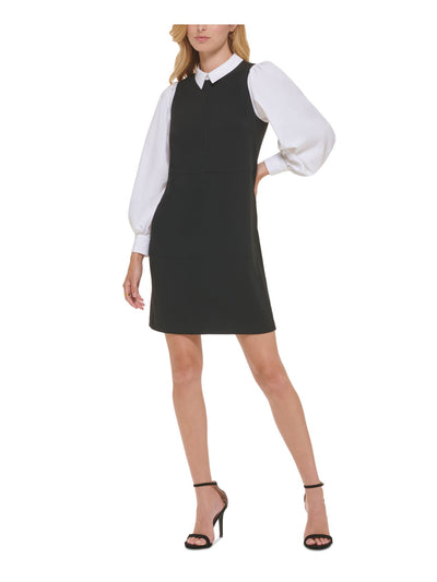 TOMMY HILFIGER Womens Black Zippered Unlined Color Block Blouson Sleeve Point Collar Above The Knee Wear To Work Sheath Dress 12