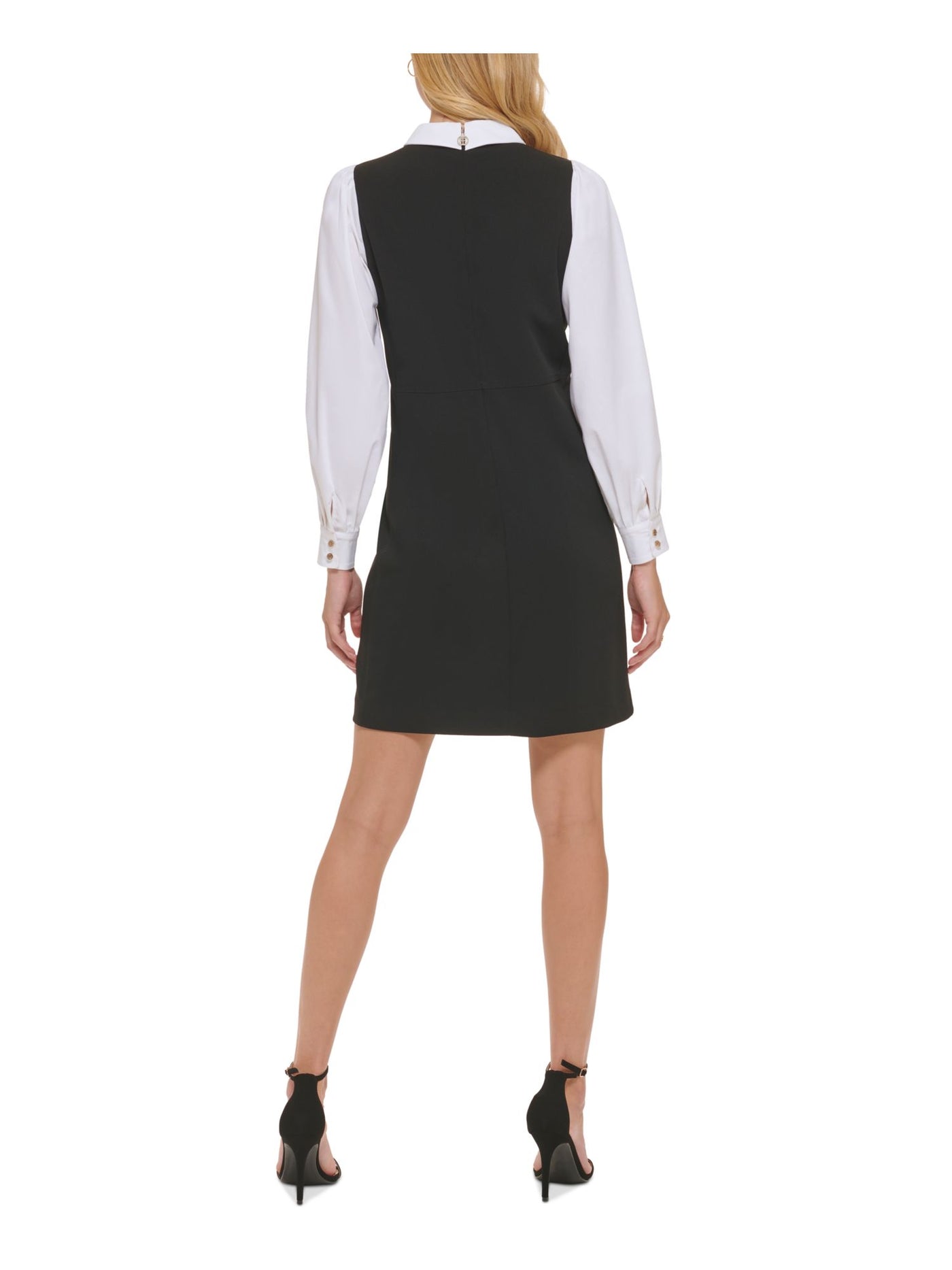 TOMMY HILFIGER Womens Black Zippered Unlined Color Block Blouson Sleeve Point Collar Above The Knee Wear To Work Sheath Dress 8