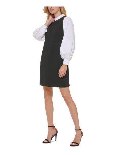 TOMMY HILFIGER Womens Black Zippered Unlined Color Block Blouson Sleeve Point Collar Above The Knee Wear To Work Sheath Dress 12