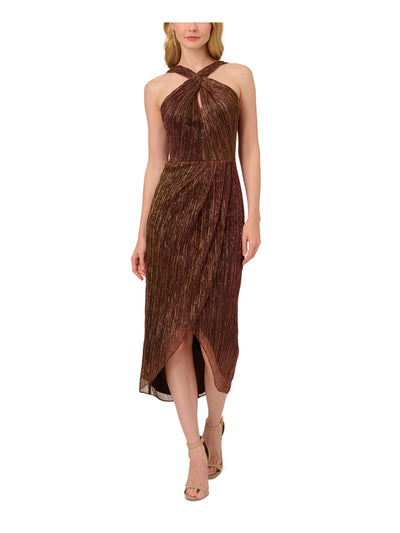 ADRIANNA PAPELL Womens Brown Metallic Zippered Crinkle-pleated Lined Keyhole Pinstripe Sleeveless Halter Tea-Length Evening Sheath Dress 18