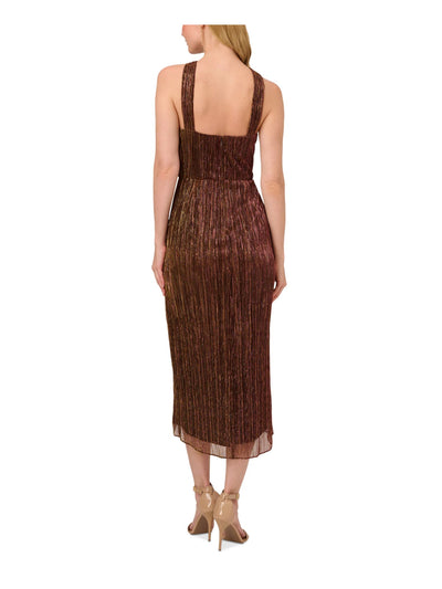 ADRIANNA PAPELL Womens Brown Metallic Zippered Crinkle-pleated Lined Keyhole Pinstripe Sleeveless Halter Tea-Length Evening Sheath Dress 18