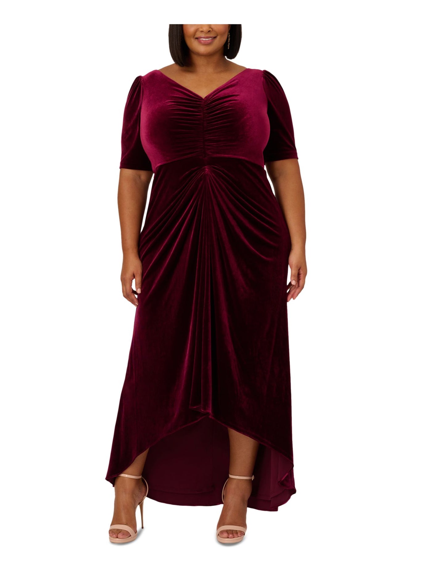 ADRIANNA PAPELL Womens Burgundy Ruched Zippered Lined Elbow Sleeve V Neck Full-Length Evening Hi-Lo Dress Plus 18W