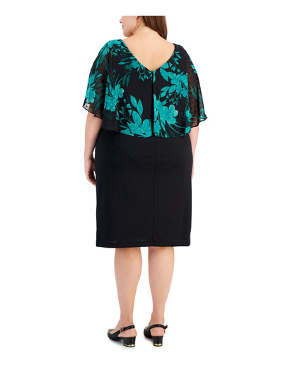 CONNECTED APPAREL Womens Green Zippered Unlined Clip-dot Printed Cape Overlay Round Neck Knee Length Wear To Work Sheath Dress Plus 24W