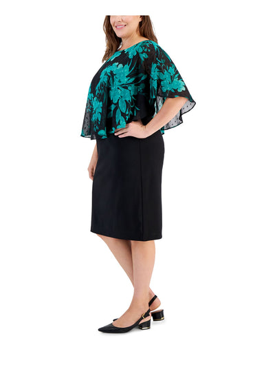 CONNECTED APPAREL Womens Green Zippered Unlined Clip-dot Printed Cape Overlay Round Neck Knee Length Wear To Work Sheath Dress Plus 24W