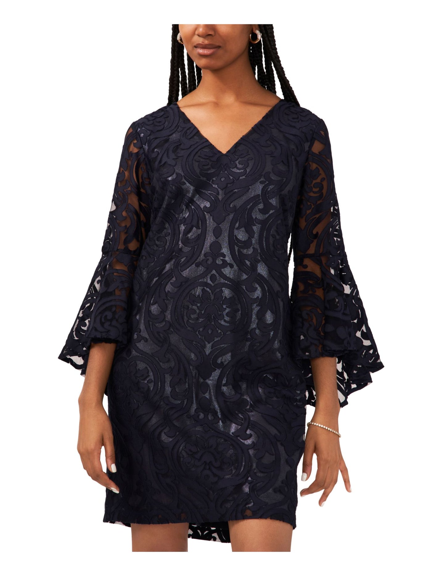 MSK Womens Navy Zippered Lined Bell Sleeve V Neck Short Party Sheath Dress Petites 10P