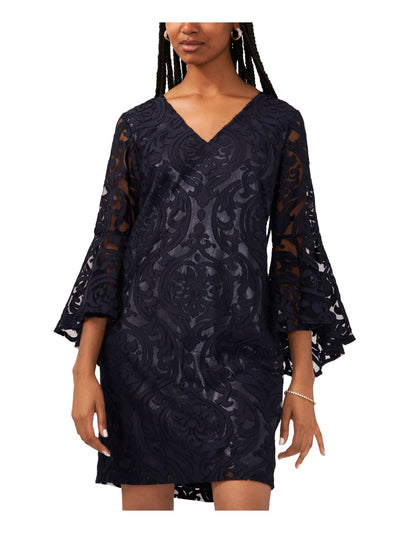 MSK Womens Navy Zippered Lined Bell Sleeve V Neck Short Party Sheath Dress Petites 10P