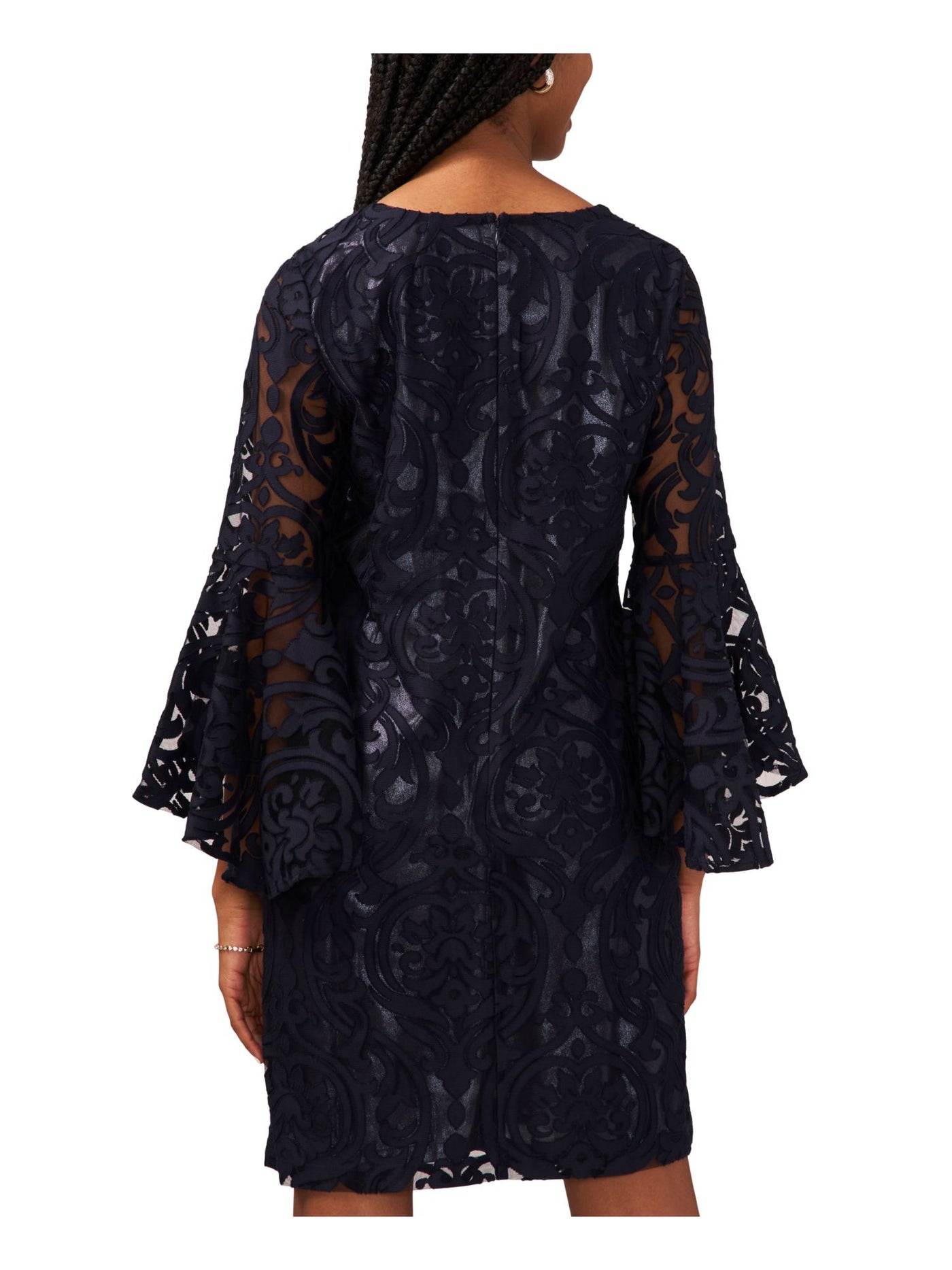 MSK Womens Navy Zippered Lined Bell Sleeve V Neck Short Party Sheath Dress Petites 10P