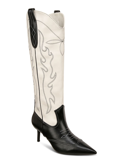 INC Womens Black Color Block Mid Shaft Zip Contrast Embroidered Dual Pull-Tabs Curved Padded Hayleigh Pointed Toe Kitten Heel Dress Western Boot 7 M