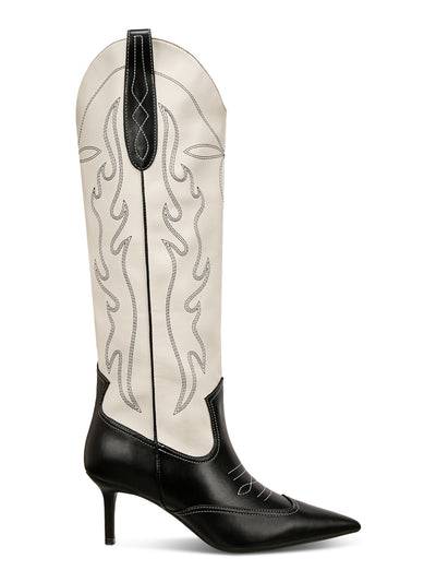 INC Womens Black Color Block Mid Shaft Zip Contrast Embroidered Dual Pull-Tabs Curved Padded Hayleigh Pointed Toe Kitten Heel Dress Western Boot 7 M