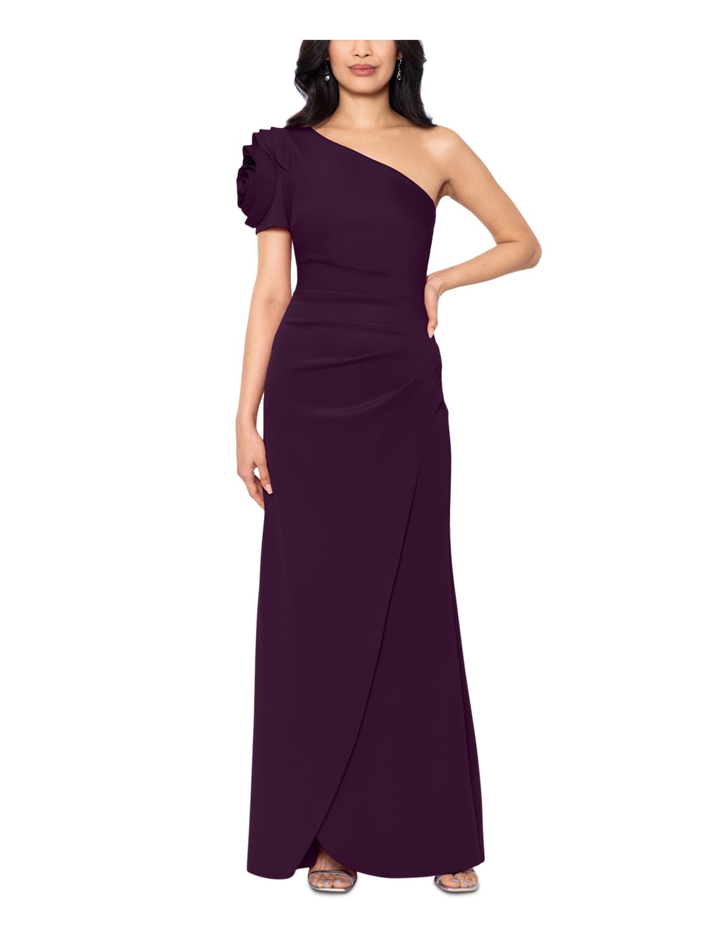 XSCAPE Womens Purple Zippered Pleated Floral Detail Sleeve Drape Skirt Asymmetrical Neckline Full-Length Evening Gown Dress 8