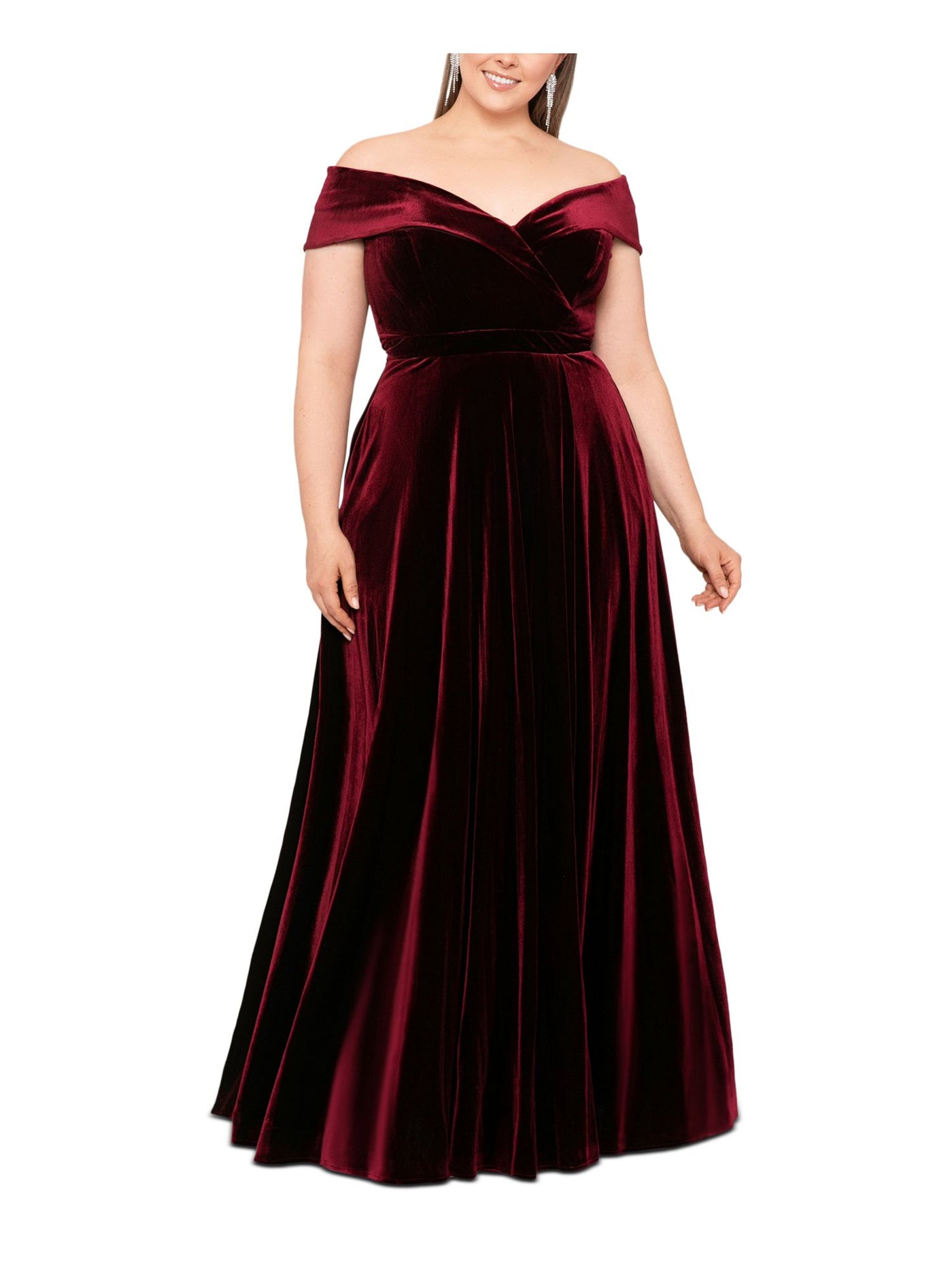 XSCAPE Womens Burgundy Zippered Pocketed Faux-wrap Skirt Cap Sleeve Off Shoulder Full-Length Formal Gown Dress Plus 22W