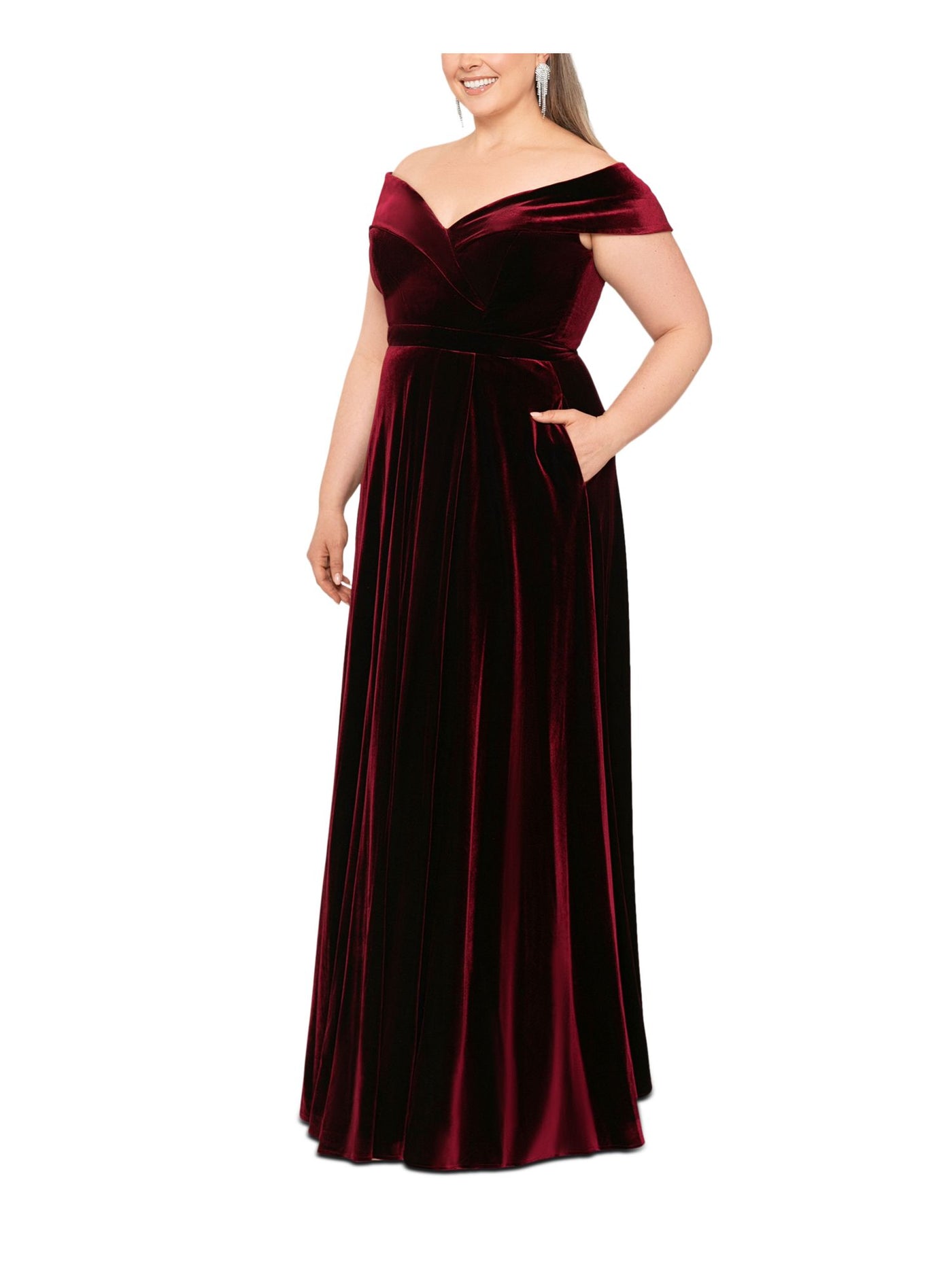 XSCAPE Womens Burgundy Zippered Pocketed Faux-wrap Skirt Cap Sleeve Off Shoulder Full-Length Formal Gown Dress Plus 22W