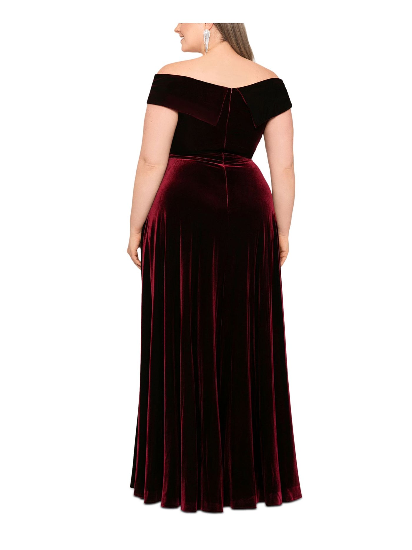 XSCAPE Womens Burgundy Zippered Pocketed Faux-wrap Skirt Cap Sleeve Off Shoulder Full-Length Formal Gown Dress Plus 22W