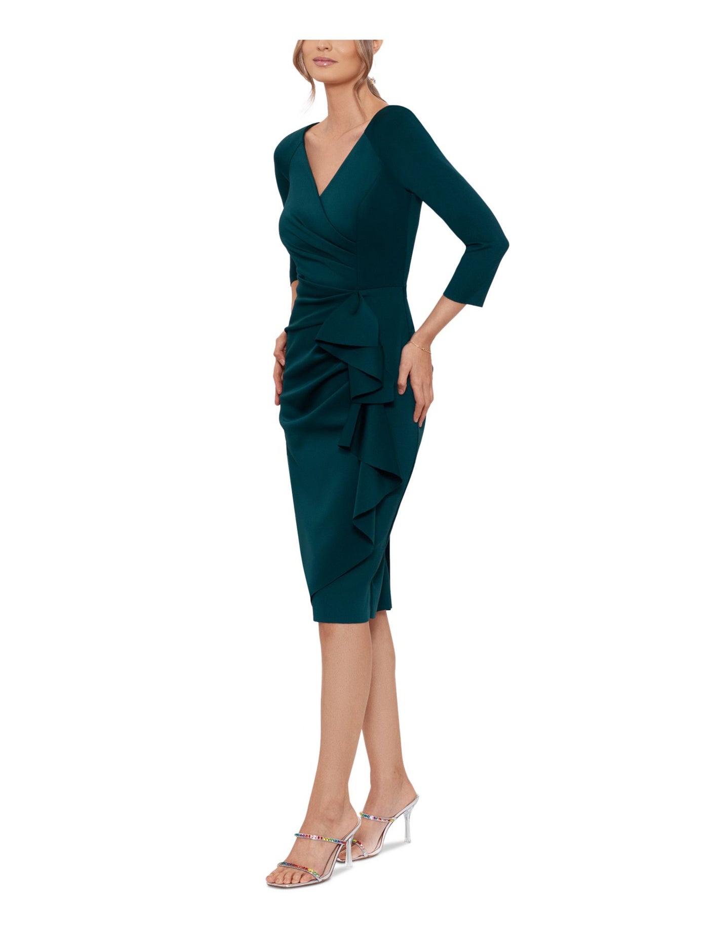 XSCAPE Womens Green Ruched Zippered Cascading Ruffle Slit Back-hem 3/4 Sleeve Surplice Neckline Midi Wear To Work Faux Wrap Dress Petites 16P