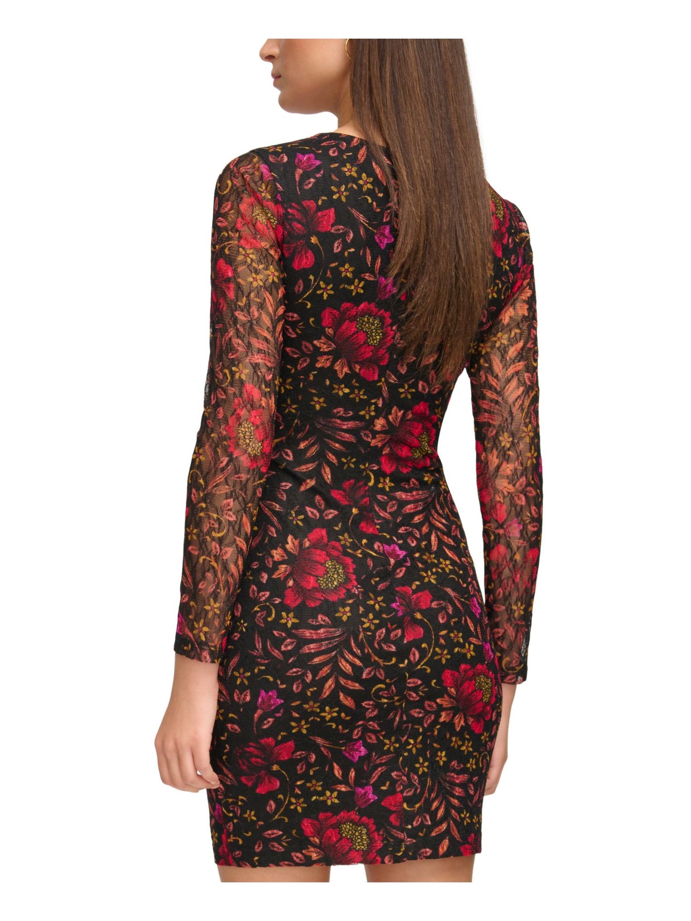 GUESS Womens Black Zippered Lined Floral Long Sleeve V Neck Mini Party Body Con Dress 14