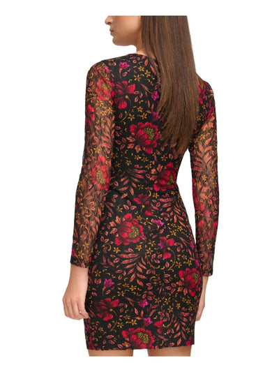 GUESS Womens Black Zippered Lined Floral Long Sleeve V Neck Mini Party Body Con Dress 10