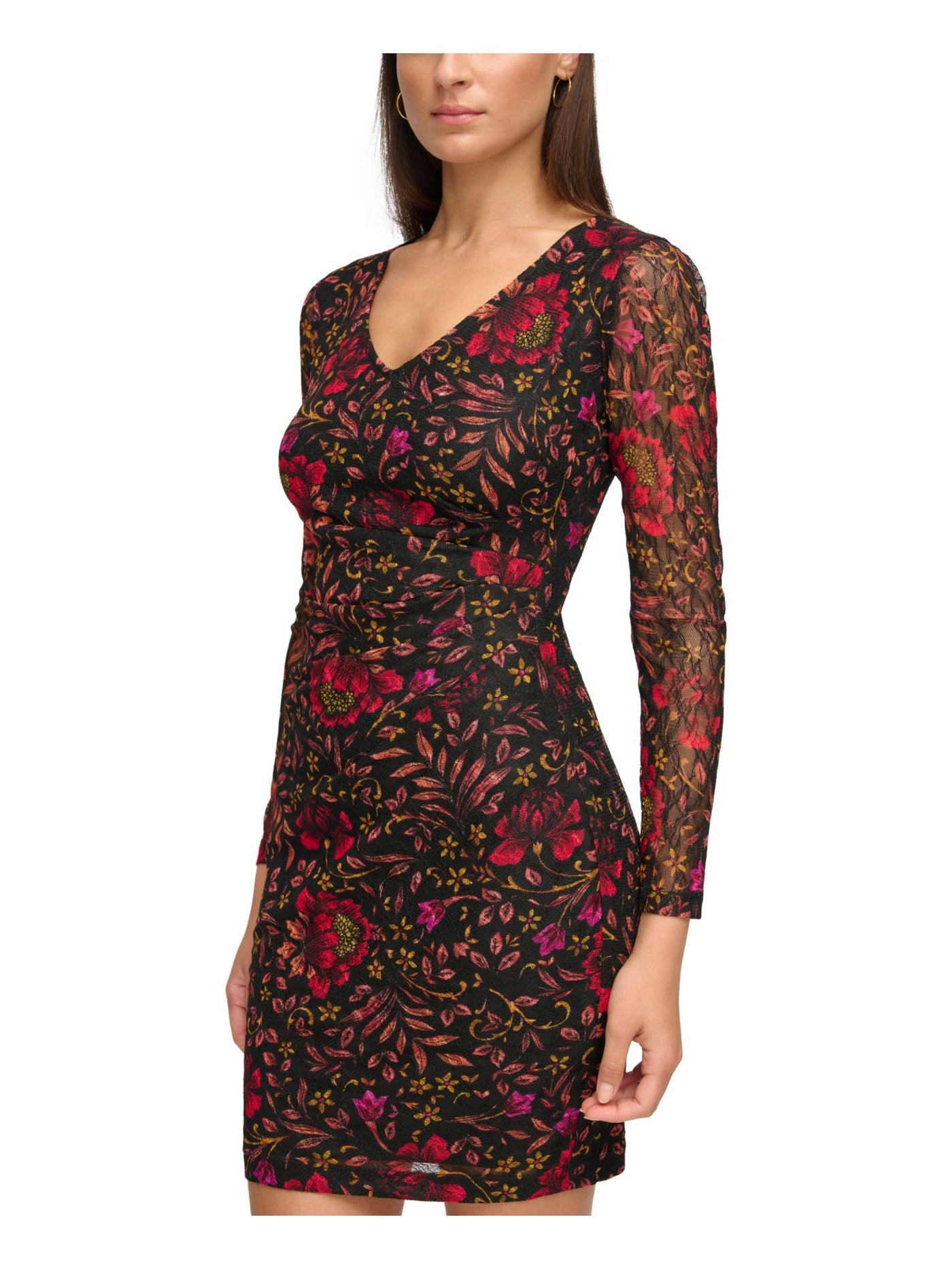 GUESS Womens Black Zippered Lined Floral Long Sleeve V Neck Mini Party Body Con Dress 10