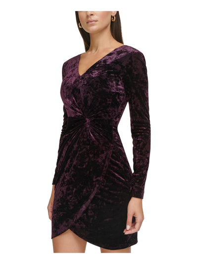 GUESS Womens Purple Zippered Ruched V-back Faux-wrap Skirt Lined Long Sleeve V Neck Short Party Body Con Dress 8