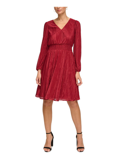 KENSIE DRESSES Womens Maroon Pleated Lined Smocked Waist Long Sleeve V Neck Above The Knee Wear To Work Fit + Flare Dress 4