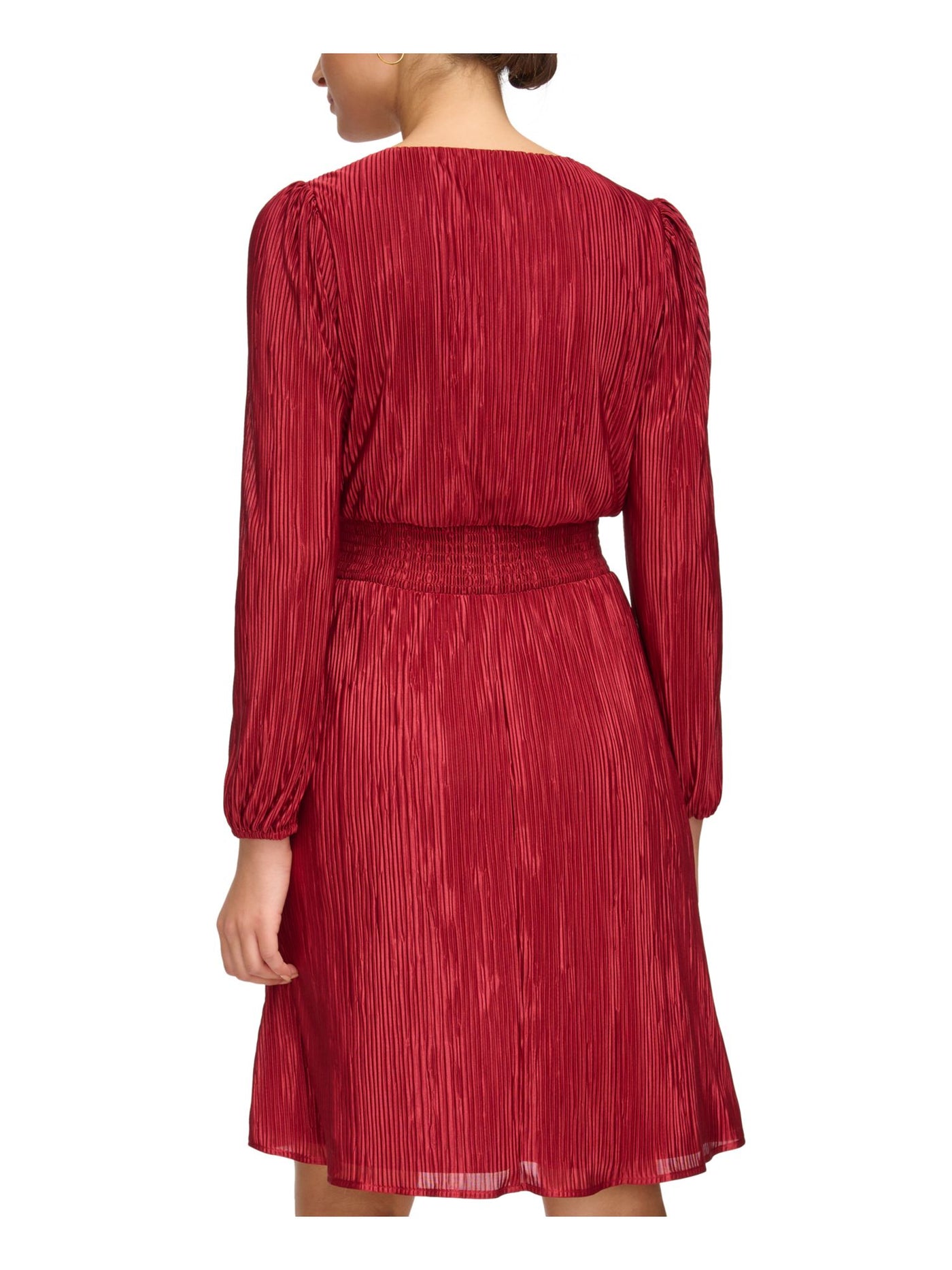 KENSIE DRESSES Womens Red Pleated Lined Smocked Waist Long Sleeve V Neck Above The Knee Wear To Work Fit + Flare Dress 0