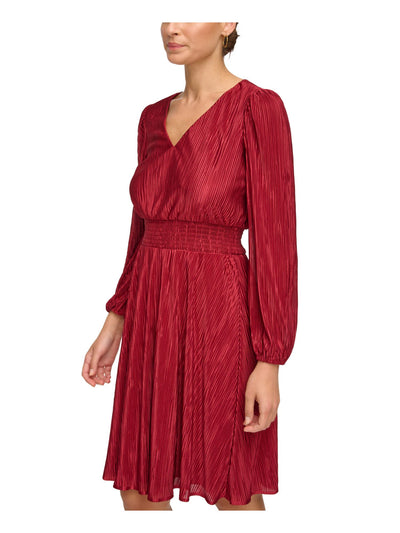 KENSIE DRESSES Womens Red Pleated Lined Smocked Waist Long Sleeve V Neck Above The Knee Wear To Work Fit + Flare Dress 0
