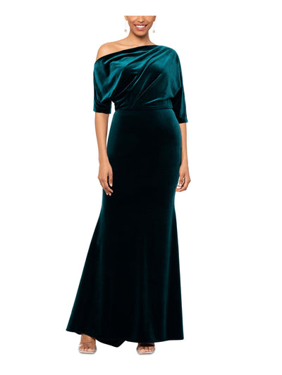 BETSY & ADAM Womens Green Ruched Zippered Lined Elbow Sleeve Asymmetrical Neckline Full-Length Evening Sheath Dress 10