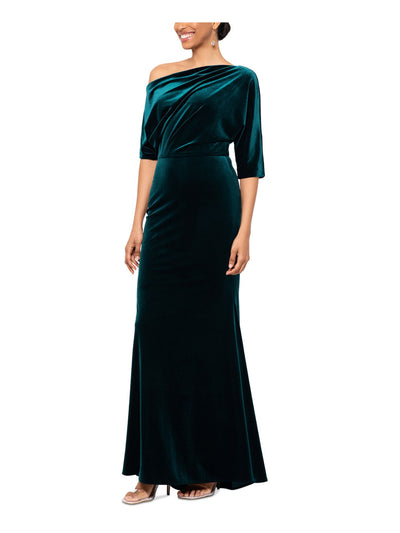 BETSY & ADAM Womens Green Ruched Zippered Lined Elbow Sleeve Asymmetrical Neckline Full-Length Evening Sheath Dress 10