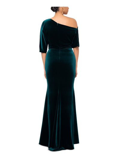 BETSY & ADAM Womens Green Ruched Zippered Lined Elbow Sleeve Asymmetrical Neckline Full-Length Evening Sheath Dress 10