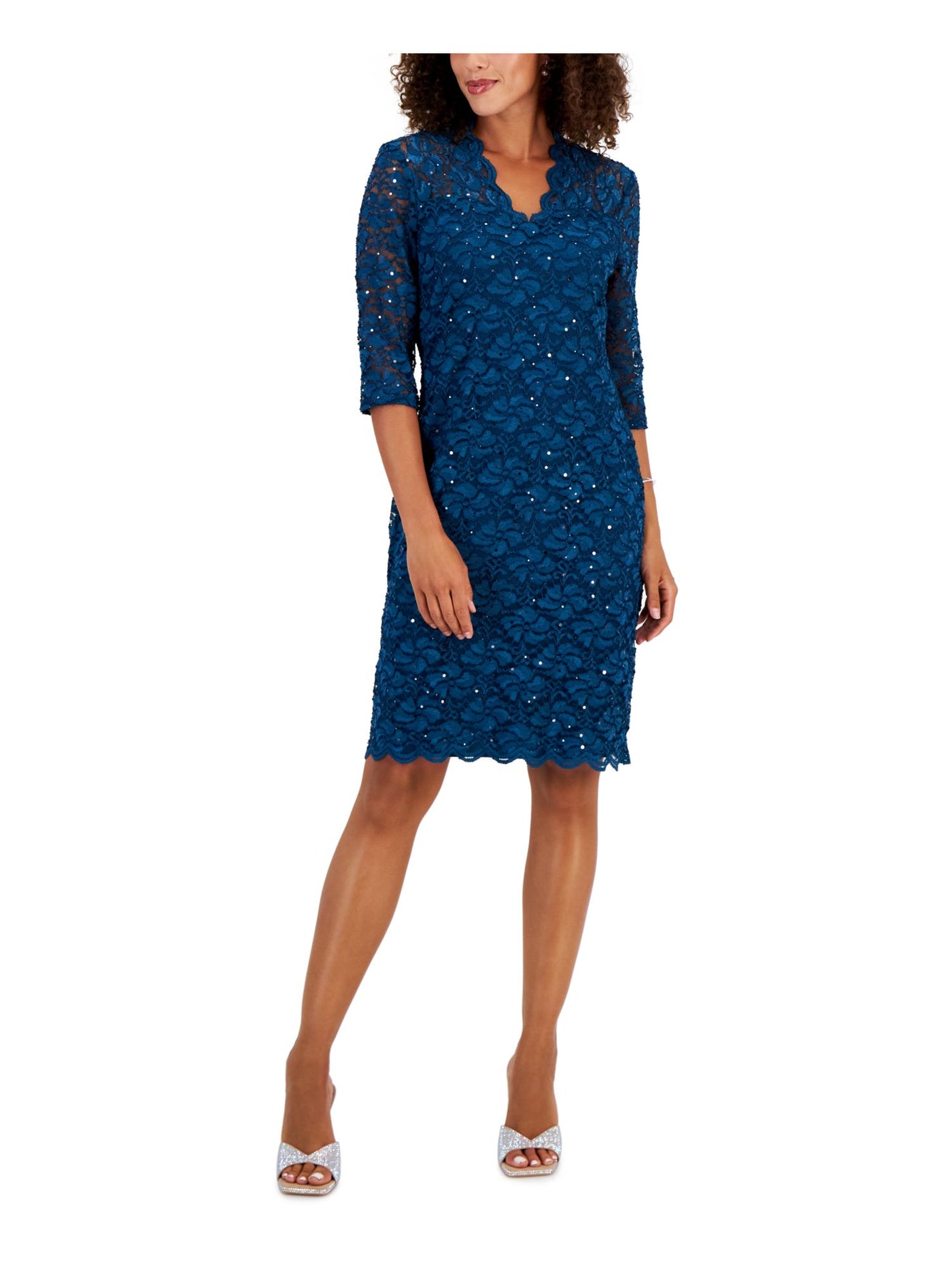 CONNECTED APPAREL Womens Teal Scalloped Lined Elbow Sleeve V Neck Above The Knee Cocktail Sheath Dress 10